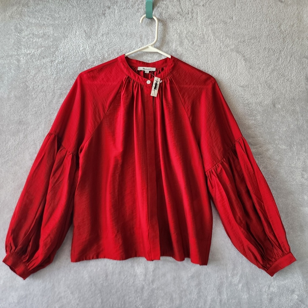 Madewell Top Womens Size Medium Shirred Romantic Balloon Sleeve Crimson Red - Picture 3 of 9